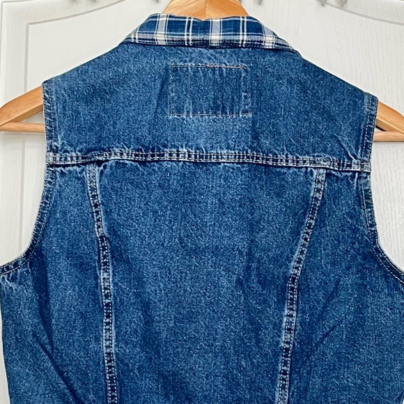 Vintage Outlaw Cropped Denim Vest w/ Plaid Trim, L 90s Grunge Western Aesthetic - Picture 5 of 14